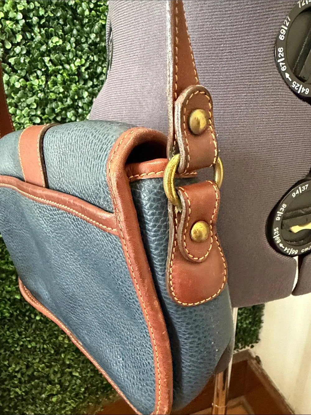 Coach Pebbled Leather Crossbody in Blue with Brown Trim